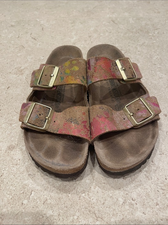Birkenstock Shoes - Women’s Birkenstock Two-Strap Sandals with Pink, Yellow, Green Accents
